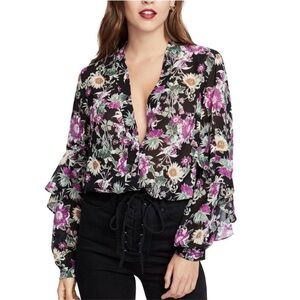 RACHEL Rachel Roy Black Button Front Purple Floral Print Sheer Blouse Size L